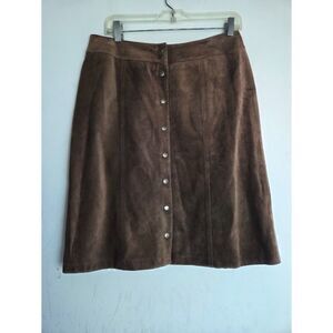 Geoffrey Beene Brown 100% Leather Suede Button Front A-Line Skirt size 10